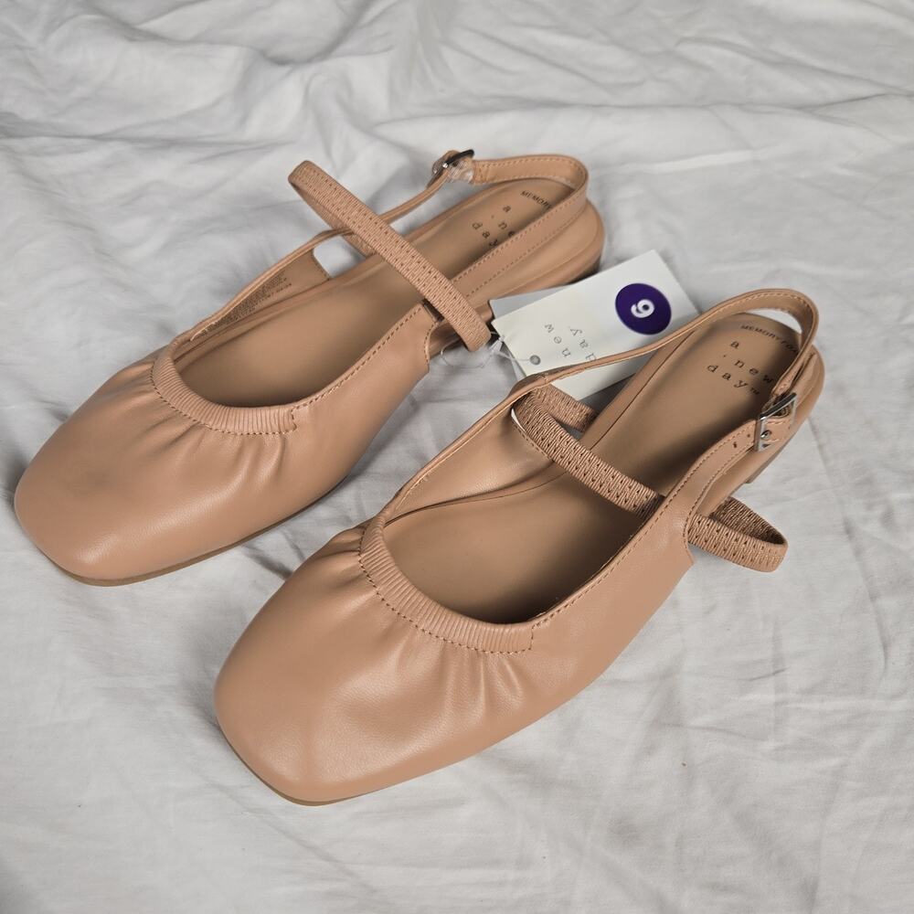 #60 A New Day Memory Foam Buckle Flats Faux Leather Beige Women's Size 6